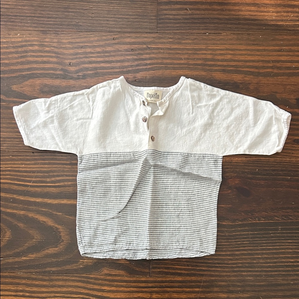 Popelin Kids White and Gray Striped Linen Button Top Shirt